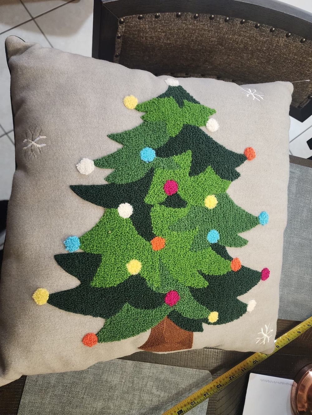 Holiday Living 18" gray throw pillow featuring a detailed embroidered Christmas
